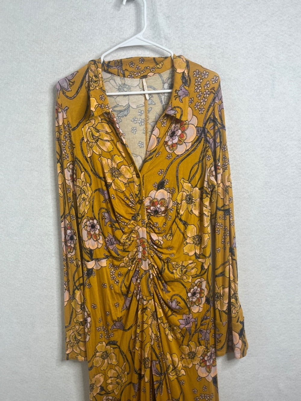 Free People Mustard Floral Long Sleeve Maxi Dress Boho Twist Front